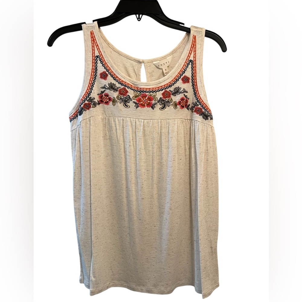 Embroidered Oatmeal base Orange, Blue, Green Embroidered Tank Top
